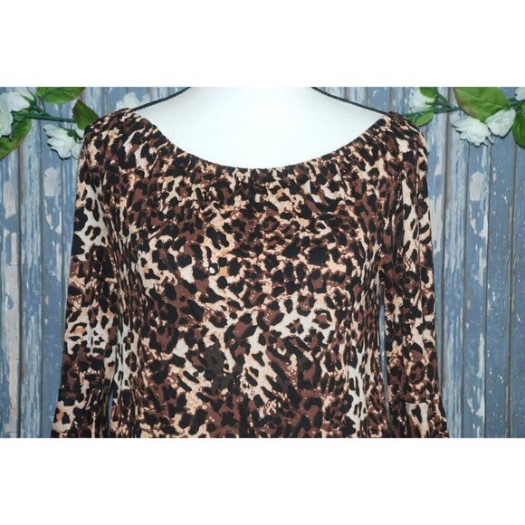 Lascana Ladies Brown Cheetah Print Blouse Top Size S 3/4 Bell Sleeves Animal Pri - Picture 2 of 9